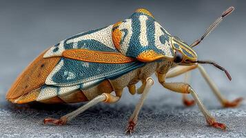 Colorful insect macro shot featuring intricate patterns and textures in a natural setting photo