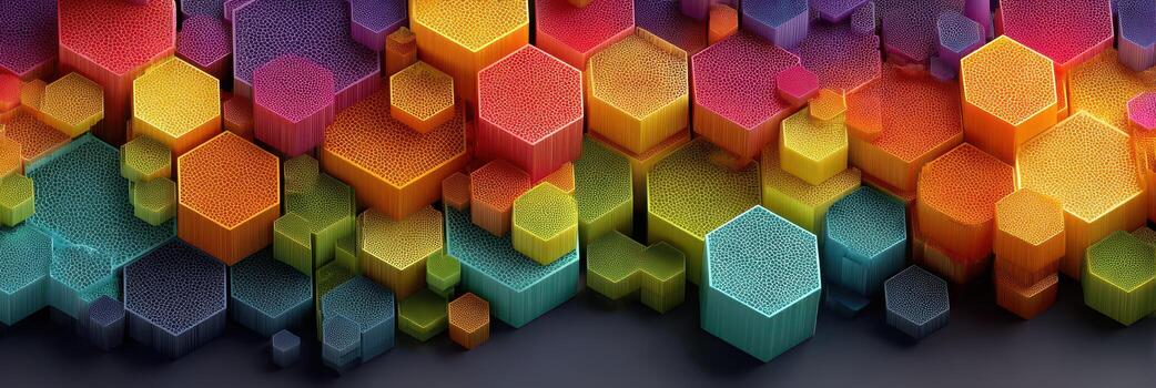 Colorful hexagonal patterns arranged in a vibrant design showing various textures and shades at a modern art display photo