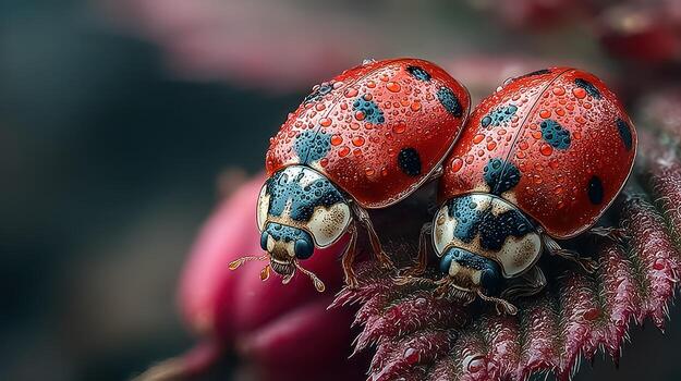 Close-up view of ladybugs resting on wet leaves after rainfall in a lush garden setting during springtime photo