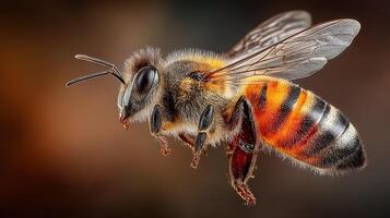 Close-up view of a bee in flight showcasing detailed features and vibrant colors during a sunny afternoon photo