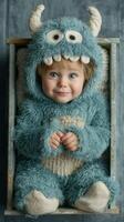 Cute toddler in monster costume smiles from wooden crate during indoor photoshoot in soft lighting photo