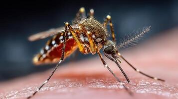 Close-up view of a mosquito feeding on human skin during summer evening in a natural setting photo
