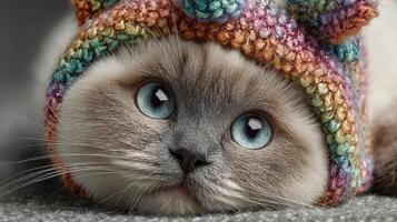 Cute cat wearing a colorful knitted hat relaxes on a cozy blanket during a quiet afternoon indoors photo