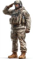 Soldier saluting in tactical uniform with camouflage pattern in a neutral background during military exercise photo