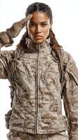Female soldier in desert camouflage uniform saluting with determination and strength in a powerful pose photo