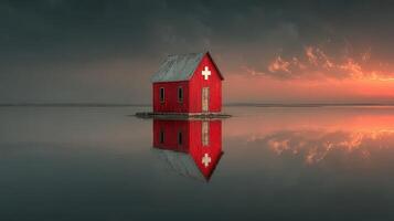 Red house on a lake at sunset reflected in calm waters with dramatic clouds photo