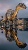Giant dinosaur sculpture reflecting in still water at sunset near historical buildings photo
