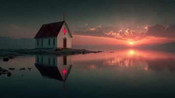 Serene church by the lake at sunset with vibrant reflections and tranquil atmosphere photo