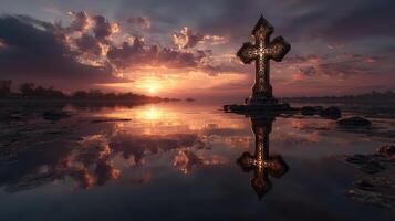 Stunning sunset reflection over a cross in a serene landscape near a still water body photo