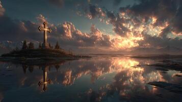 Sunrise over a serene lake with a cross silhouette amidst clouds and natural beauty in a tranquil setting photo