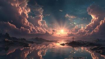 Sunrise over still waters with clouds reflecting vibrant colors in a serene landscape photo