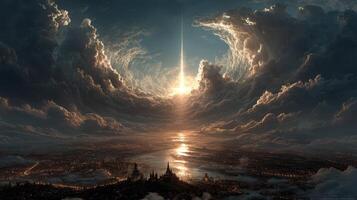Breathtaking view of a radiant sunset illuminating clouds over a distant cityscape and water body during twilight photo