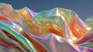 Colorful abstract waves of iridescent material in a surreal landscape at sunset photo