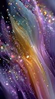 Colorful abstract design with flowing lines and sparkling dots in shades of purple and gold photo