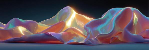 Colorful silk fabric drapes create an ethereal atmosphere with soft light and gentle folds in a darkened space photo