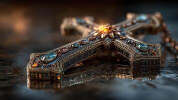 Intricately designed cross with ornate detailing rests on a reflective surface, showcasing craftsmanship and elegance photo