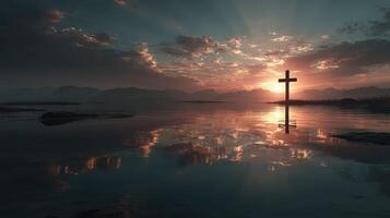 Sunset reflection over water with a cross silhouette in the foreground near a tranquil landscape photo