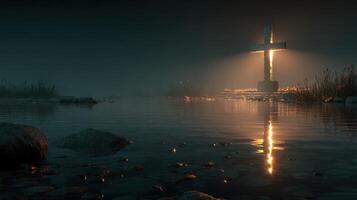 Cross illuminated by moonlight reflecting on still water in a serene, foggy setting at night photo
