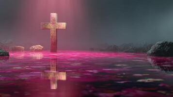 Glowing cross in a misty landscape surrounded by pink water and stones at twilight photo