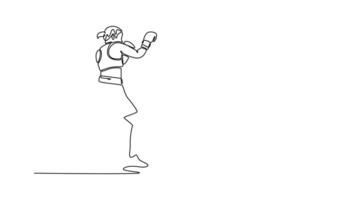 Self drawing animation of single line draw female boxer use various punch combinations including jab and uppercut. Boxing champions win the round in boxing ring. Continuous line. Full length animated video