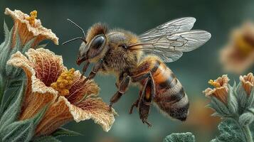 Close-up view of a bee gathering pollen from a flower during a sunny afternoon in a vibrant garden setting photo