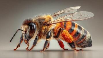 Detailed close-up of a honey bee showcasing its vibrant colors and intricate structure in a studio setting photo