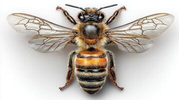 Detailed close-up of a bee showcasing its wings, body structure, and natural colors in a studio setting photo