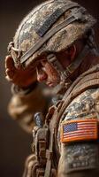 Soldier saluting in muddy uniform under rain at dawn during military operations in a conflict zone photo