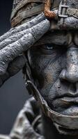 Realistic soldier statue shows detail and emotion during a somber tribute to courage and sacrifice in a memorial photo