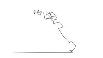 Self drawing animation of single line draw female athlete striking at her opponent with the jab punch during boxing fight. Two boxers having match in boxing ring. Continuous line. Full length animated video
