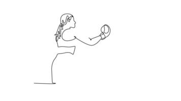 Self drawing animation of single line draw active female athlete striking opponent with uppercut during boxing fight. Two woman boxer having match in boxing ring. Continuous line. Full length animated video
