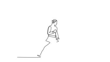 Self drawing animation single line draw two strong muay thai fighter fight with one man stand on thigh of other man and action look like elbow beat to opponent. Continuous line. Full length animated video
