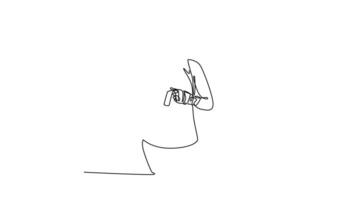 Self drawing animation of single line draw aggressive female boxer ready to exercise with her hands covered in boxing wrap. Active lifestyle, body, strength. Continuous line draw. Full length animated video