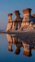 Rock formations reflect in calm water near the shoreline at sunset in a scenic landscape photo