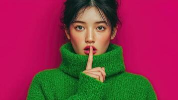 Bright green sweater fashion portrait with a vibrant pink background during a studio photoshoot in urban setting photo