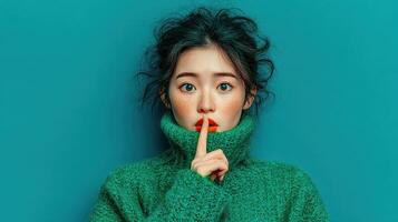 Young woman with striking features in green sweater poses against a teal background while expressing a gesture of silence photo