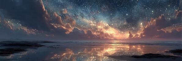 Night sky filled with stars reflected on calm ocean surface during twilight hours photo