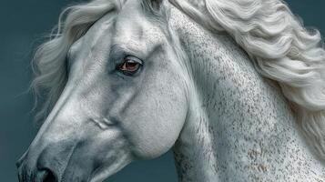 Majestic white horse with flowing mane against a muted background captures the beauty of equine grace in a serene setting photo