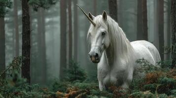 Magical unicorn explores dense forest surrounded by mist and twilight ambiance photo