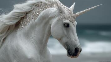 Majestic white unicorn adorned with intricate headpiece stands near ocean waves on a cloudy day photo