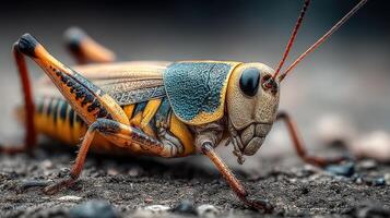 Close-up of a colorful grasshopper resting on a rocky surface in a garden under natural daylight photo