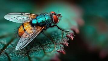 Colorful fly perched on a green leaf in nature during the daylight hours capturing intricate details photo