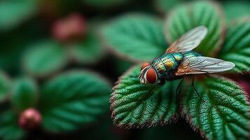 Close-up of a vibrant fly perched on a green leaf in a lush garden during daylight photo
