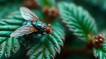 Close-up view of a striking fly perched on a green leaf in a vibrant garden setting during daylight hours photo