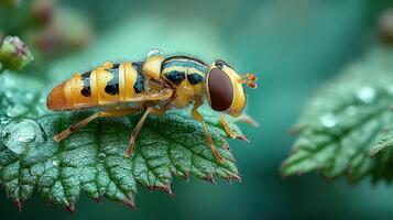 Bright yellow insect perched on a green leaf with raindrops glistening in natural light photo