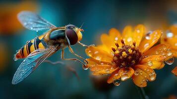Bee interacts with vibrant orange flower in a garden after rain on a sunny afternoon photo
