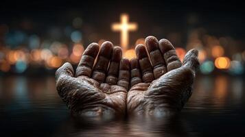 Open hands reaching for hope and faith silhouetted against a glowing cross in a serene setting photo