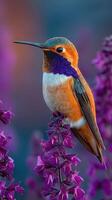 Colorful hummingbird perched on vibrant flowers in a serene garden setting during early morning hours photo