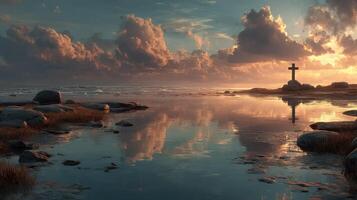 Reflection of clouds and a cross at sunset by the tranquil waters of a coastal landscape photo