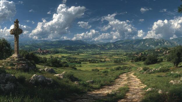 Beautiful landscape view of rolling hills, green fields, and distant mountains under a bright sky with clouds photo